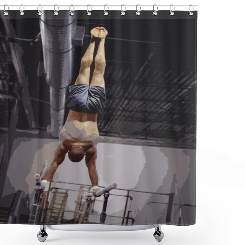 Personality  Gymnast Balancing On Parallel Bars. Edmonton, Alberta, Canada Shower Curtains