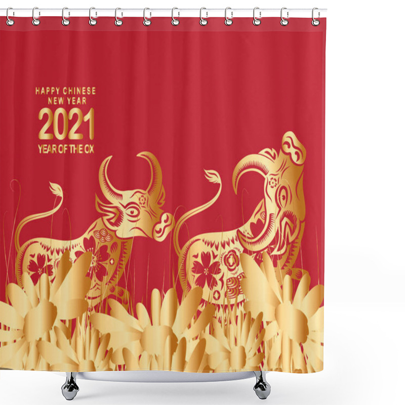 Personality  2021 Chinese New Year Vector Illustration With Flowers, Chinese Typography Happy New Year, Ox. Gold On Red. Concept Holiday Card, Banner, Poster, Decor Element Shower Curtains