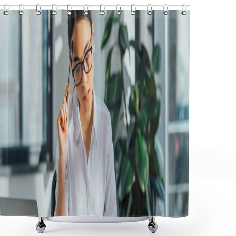 Personality  Panoramic Shot Of Thoughtful Asian Translator Working In Office Shower Curtains