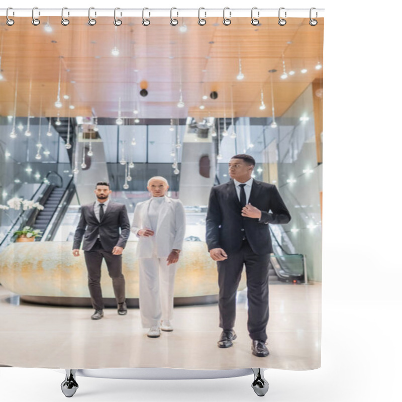 Personality  Full Length View Of Stylish Senior Business Lady Walking Near Private Interracial Bodyguards In Luxury Hotel Shower Curtains