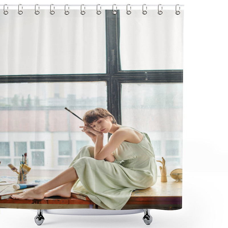 Personality  A Woman Gracefully Sits Next To A Window, Bathed In Soft Natural Light. Shower Curtains