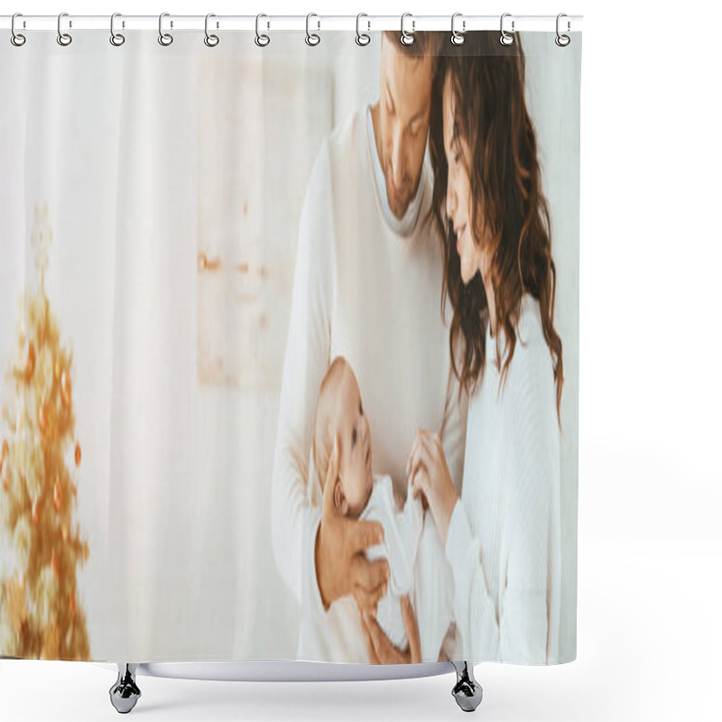 Personality  Panoramic Shot Of Happy Woman Standing Near Husband Holding Adorable Baby Shower Curtains