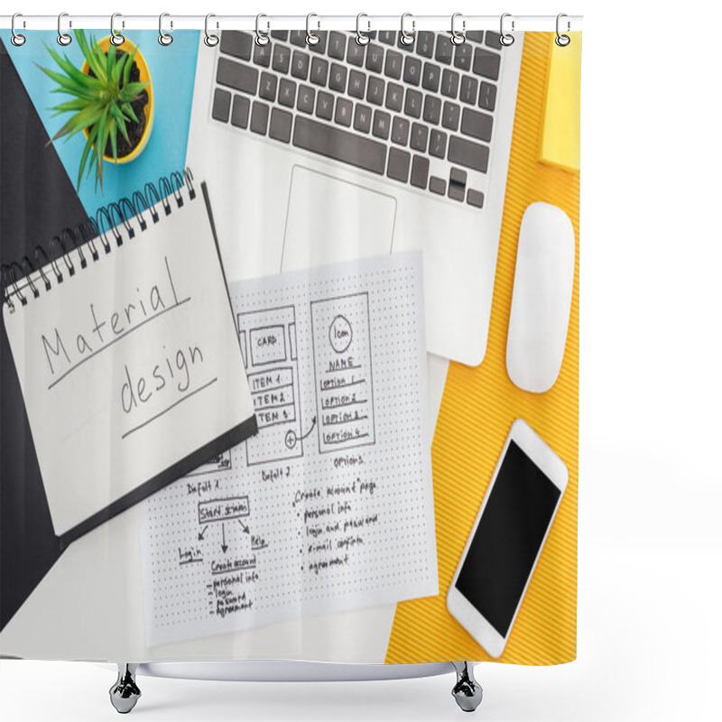 Personality  Top View Of Website Design Template Near Notepad With Material Design Lettering, Laptop, Computer Mouse, Smartphone, Plant On Abstract Geometric Background Shower Curtains