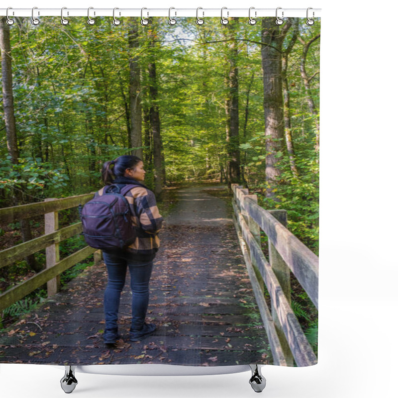 Personality  Woman In The Forest In The Waterloopbos Vollenhove Flevoland Netherlands, Used To Test The Way Water Reacts To Certain Builds. Autumn In The Forest Holland Shower Curtains