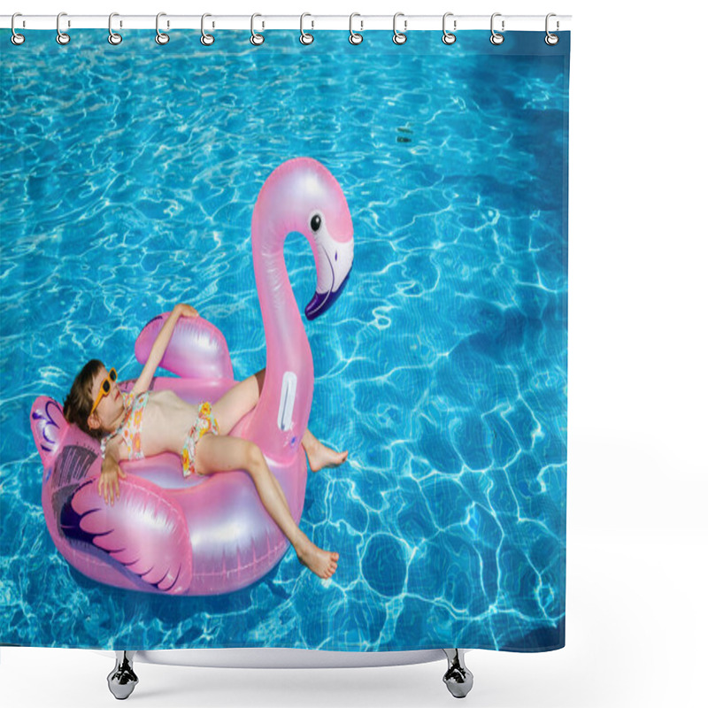 Personality  A Relaxed Little Girl 5-6 Years Old, Lying In A Pink Flamingo Inflatable Pool Float, Illustrating Summer Fun And Children's Pool Safety Gear Shower Curtains