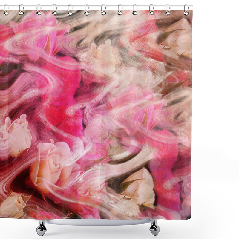 Personality  Floral  Greeting Card With Roses And Wavy Hazy Stripes On Grunge Stained Background Shower Curtains