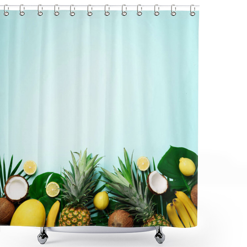 Personality  Exotic Pineapples, Ripe Coconuts, Banana, Melon, Lemon, Tropical Palm And Monstera Leaves On Blue Background With Copyspace For Text. Square Crop. Creative Layout. Summer Concept. Flat Lay, Top View Shower Curtains