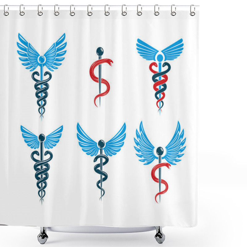 Personality  Set Of Vector Caduceus Symbols Created Using Bird Wings And Snakes. Medical Treatment And Rehabilitation Theme Illustrations. Shower Curtains