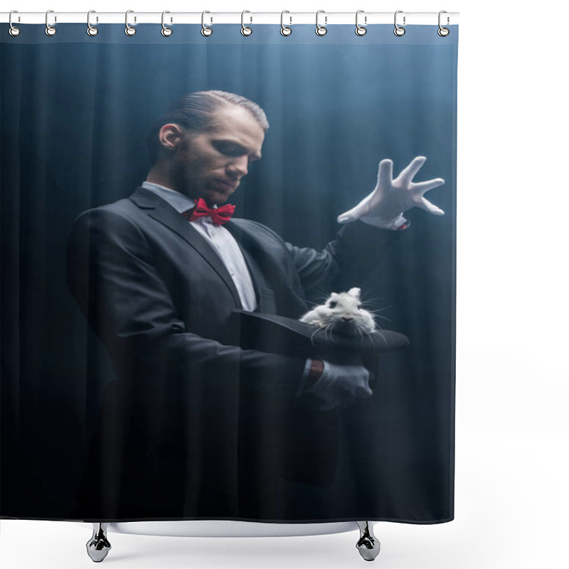 Personality  Professional Magician Gesturing Over White Rabbit In Hat, Dark Room With Smoke Shower Curtains