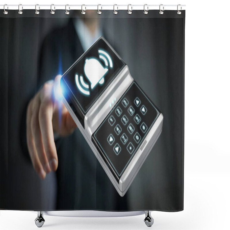 Personality  Businessman Using Home Alarm Security Device 3D Rendering Shower Curtains