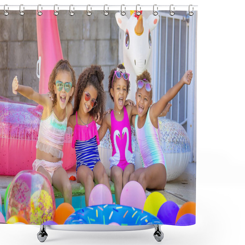 Personality  Summer Pool Party Cute Girls In Sunglasses Posing For A Picture Shower Curtains