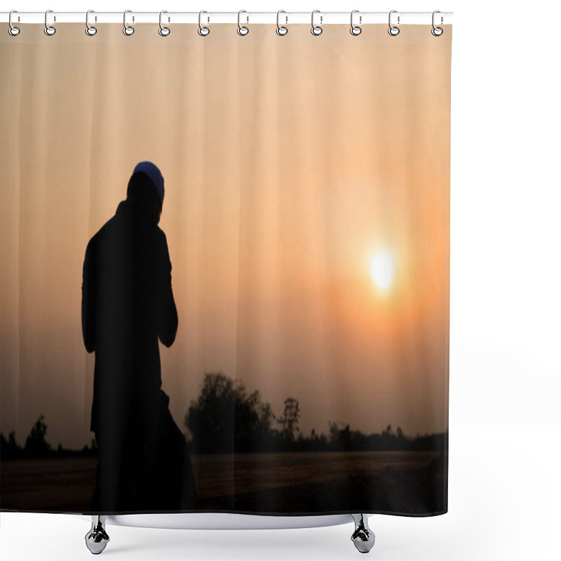 Personality  Silhouette Young Asian Muslim Man Praying On Sunset,Ramadan Festival Concept Shower Curtains