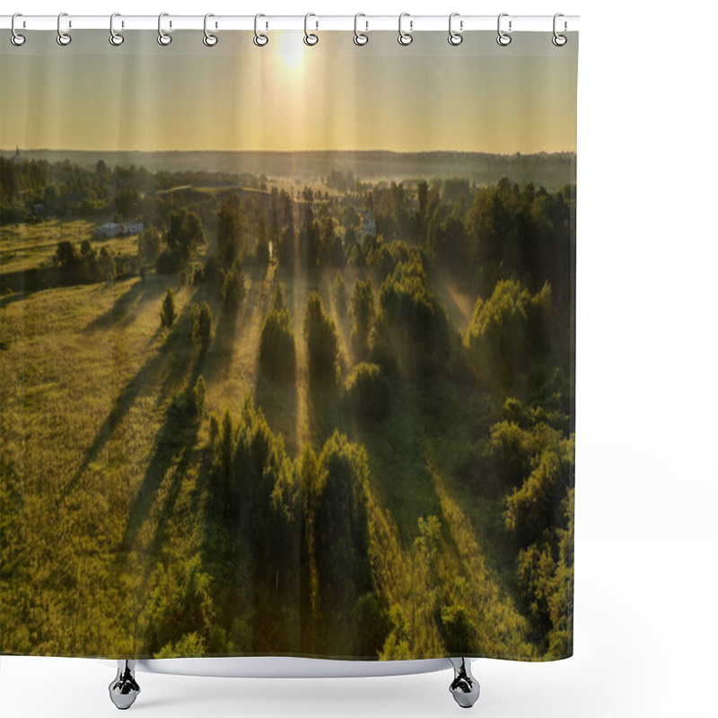 Personality  Panoramic View Of Green Spaces In A Haze With A River Taken From A Drone At Dawn Shower Curtains