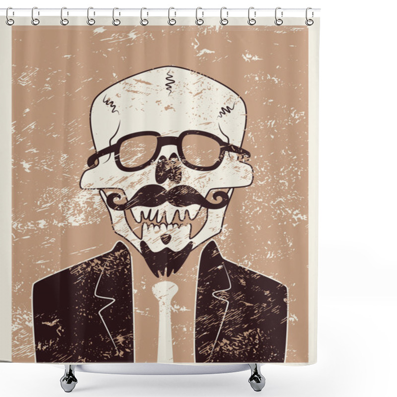 Personality  Funny Skull Hipster Character With A Mustache And Beard. Typographic Retro Grunge Halloween Poster. Vector Illustration. Shower Curtains