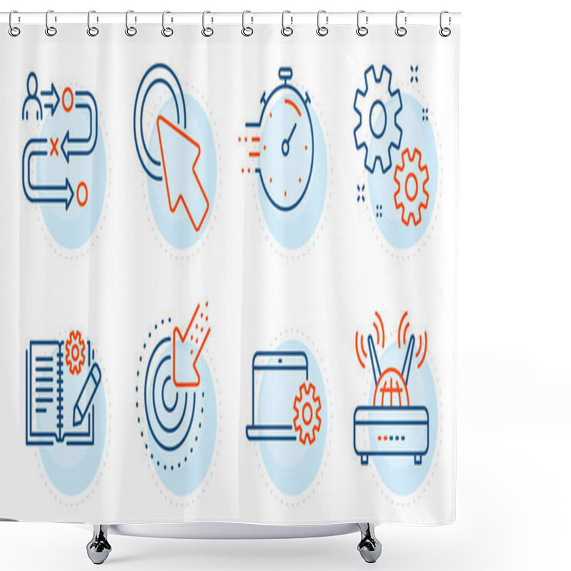 Personality  Targeting, Notebook Service And Click Here Signs. Timer, Work And Engineering Documentation Line Icons Set. Wifi, Journey Path Symbols. Deadline Management, Settings. Science Set. Vector Shower Curtains