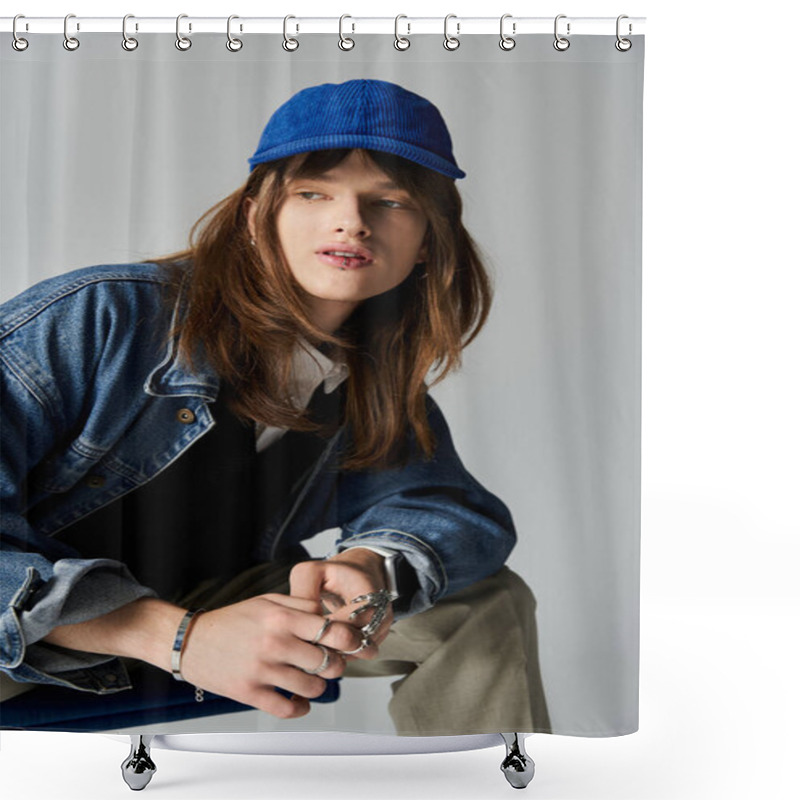 Personality  A Young Man In Fashionable Attire Exudes Confidence While Posing In A Chic Indoor Space. Shower Curtains