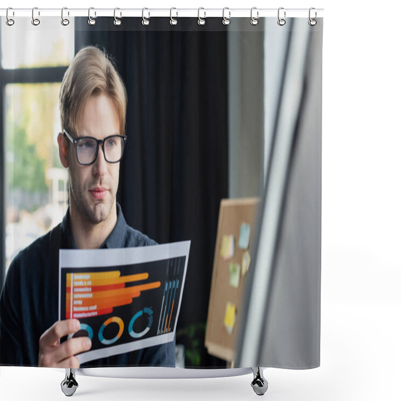 Personality  Young Programmer Holding Document Near Blurred Flip Chart In Office  Shower Curtains