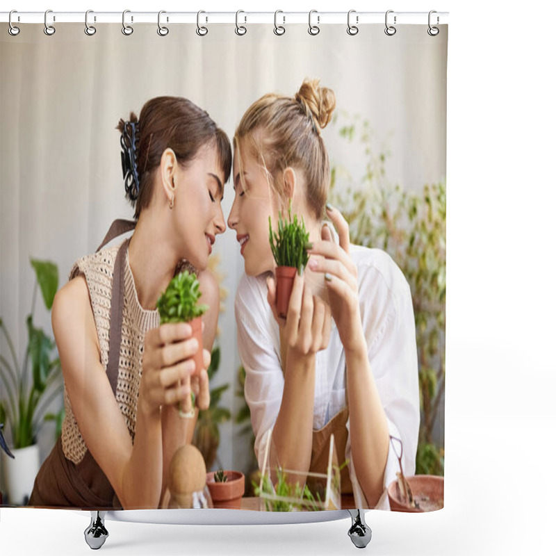 Personality  Two Women Enjoying A Serene Moment At A Table Surrounded By Potted Plants In Their Art Studio. Shower Curtains