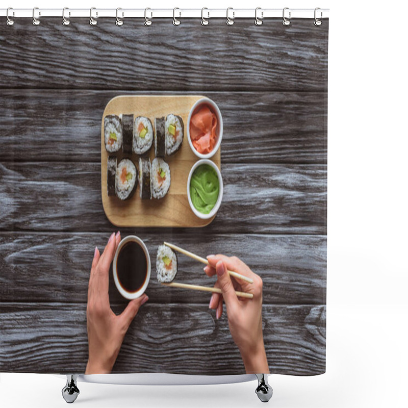 Personality  Cropped Shot Of Person Holding Chopsticks And Eating Delicious Sushi Roll  Shower Curtains