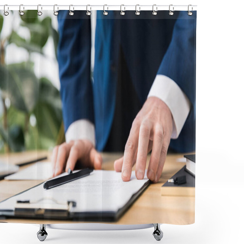 Personality  Partial View Of Businessman At Workplace With Notepad In Office Shower Curtains