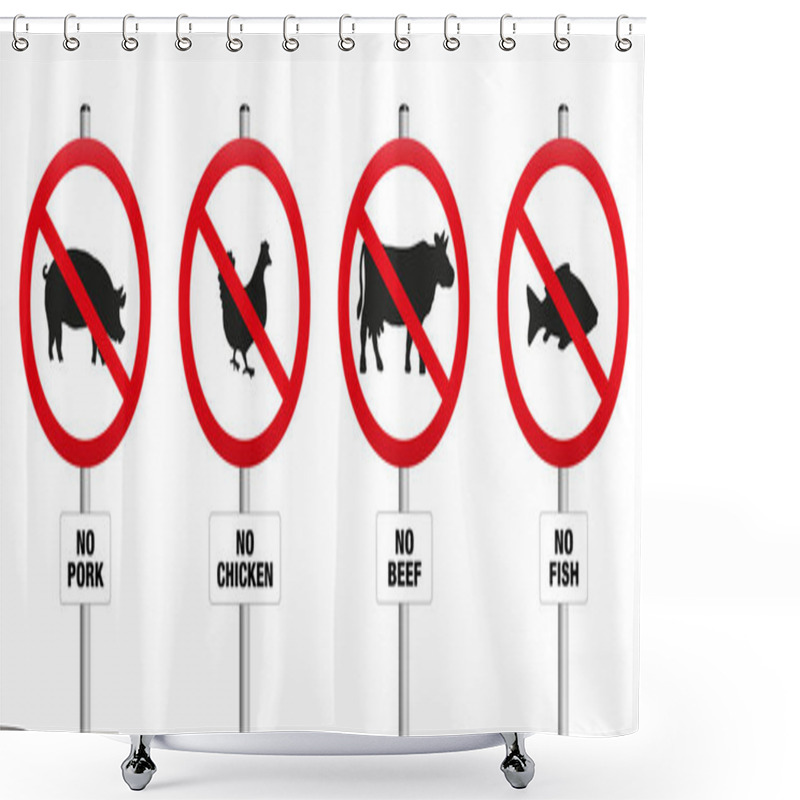 Personality  No Pork, Chicken, Beef And Fish. Prohibitory Signs With Crossed Out Pig, Hen, Cow And Carp, Symbolic Against Meat Production And For Vegetarian Or Vegan Diet And Lifestyle. Vector On White. Shower Curtains