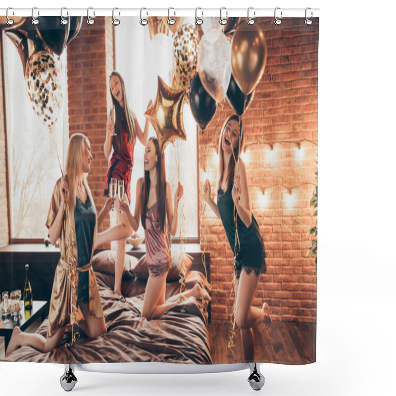 Personality  Close Up Photo Five Beautiful She Her Fancy Chic Ladies Little Drunk Dance Bed Sheets Gathering Decorated Room Unexpected Event Future Wedding Congrats Clink Wineglasses Night Evening Room Indoors Shower Curtains