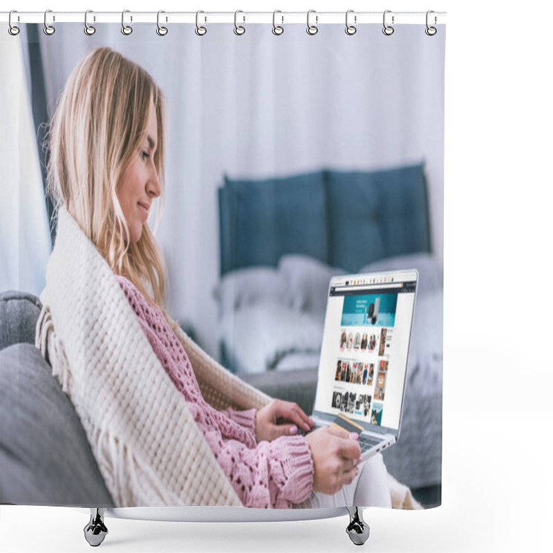 Personality  Attractive Blonde Woman Using Laptop With Amazon Website On Screen And Holding Credit Card Shower Curtains