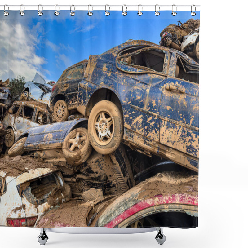 Personality  CATARROJA, VALENCIA SPAIN - DECEMBER 4 2024: After The Dana Floods In Valencia Province On October 29th 2024 Left Massive Wrecked Cars, Impacting Countless Families, Claiming Over 200 Human Lives. Shower Curtains