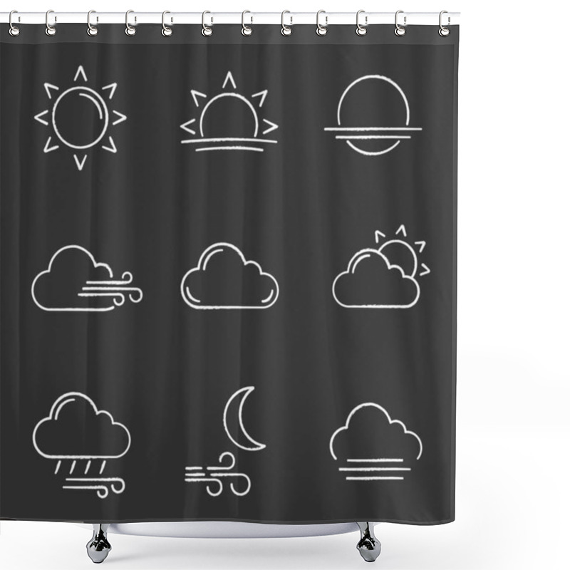 Personality  Weather Forecast Chalk Icons Set. Sun, Sunrise, Sunset, Wind, Cloud, Partly Cloudy Weather, Pouring Rain, Windy Night, Fog. Isolated Vector Chalkboard Illustrations Shower Curtains