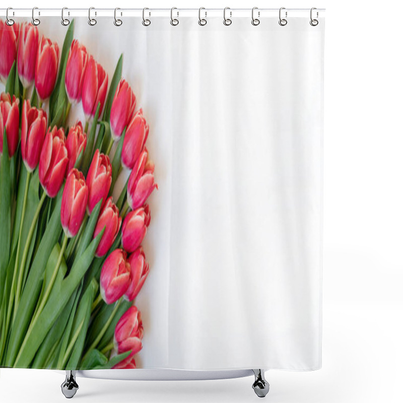 Personality  Pink Tulips On The White Background. Easter And Spring Greeting Card. Shower Curtains