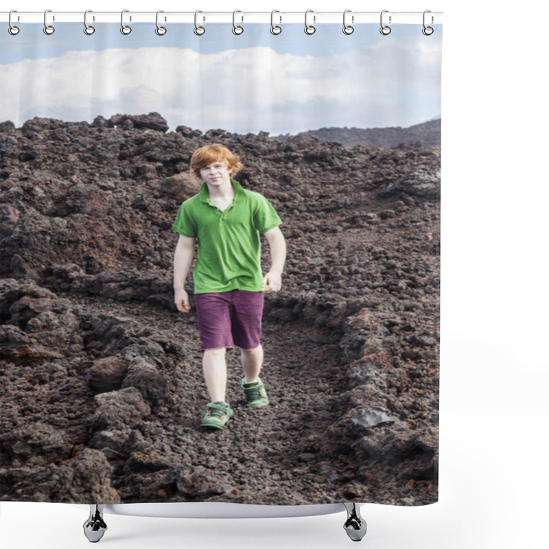 Personality  Boy Walking In Volcanic Area Shower Curtains