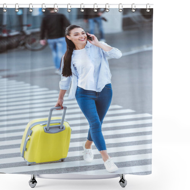 Personality  Beautiful Smiling Woman With Yellow Travel Bag Crossing Pedestrian And Talking On The Phone Shower Curtains