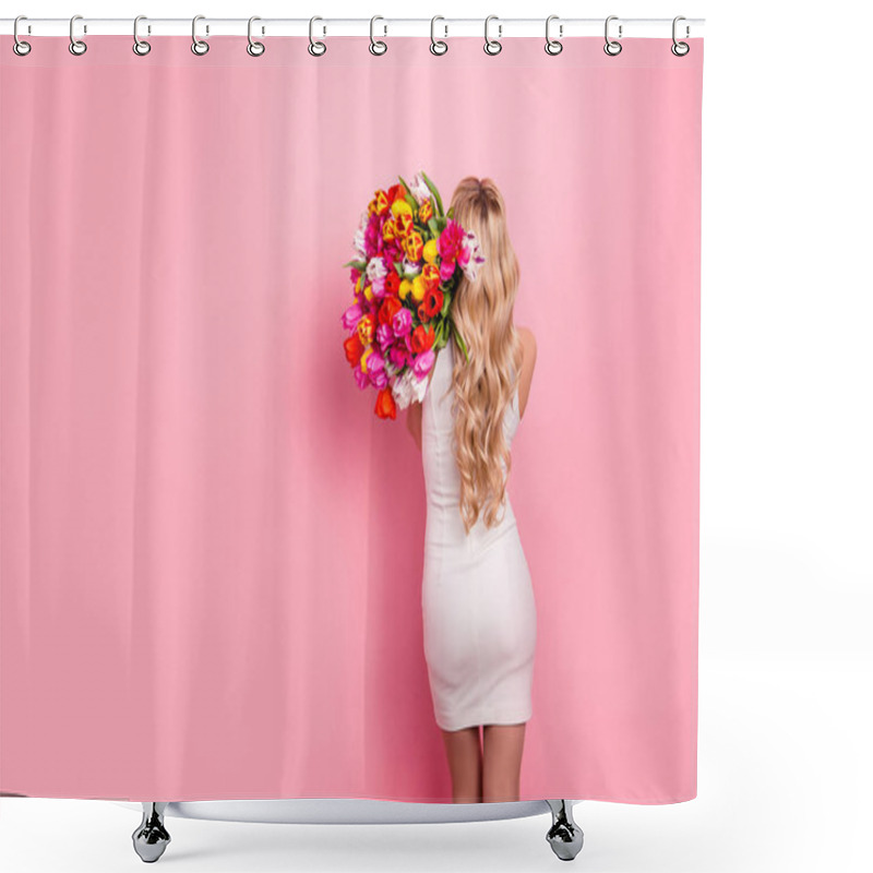 Personality  Rear View Portrait With Copy Space Empty Place Of Pretty Tempting Woman In White Elegant Dress With Booty Fit Butt Holding Big Bouquet Of Tulips On Shoulder Isolated On Pink Background Shower Curtains