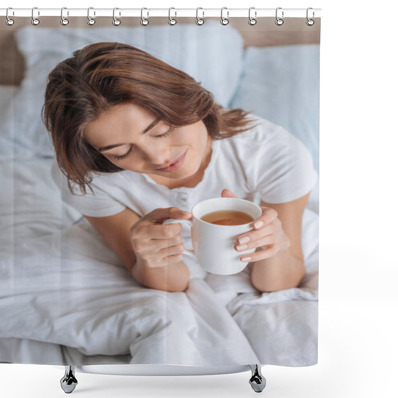 Personality  Overhead View Of Happy Girl With With Closed Eyes Holding Cup With Tea In Bed  Shower Curtains