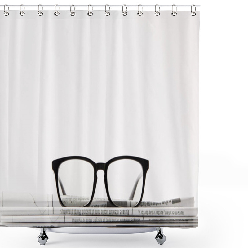 Personality  Close Up Of Eyewear On Pile Of Newspapers, Isolated On White Background With Copy Space Shower Curtains