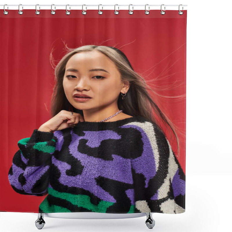 Personality  Beautiful Young Asian Woman With Dyed Hair In Vibrant Sweater With Animal Print Posing On Red Shower Curtains