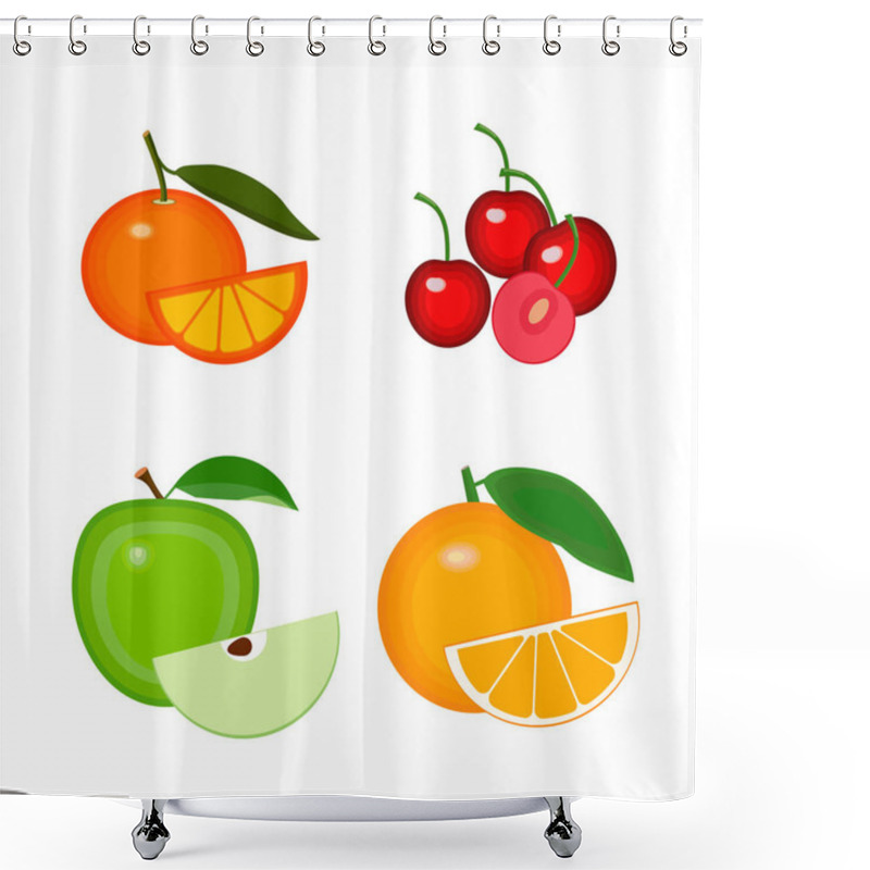 Personality  Fruits Vector Collections. Set Of Full And Half Fruits Are Apple, Orange, Cherries And Tangerine. Vector Illustration Isolated On White Background Shower Curtains