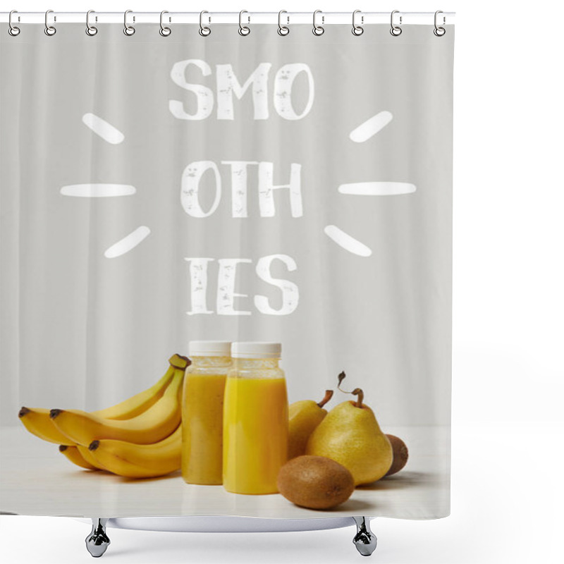 Personality  Yellow Detox Smoothies In Bottles With Bananas, Pears And Kiwis On White Background, Smoothies Inscription Shower Curtains