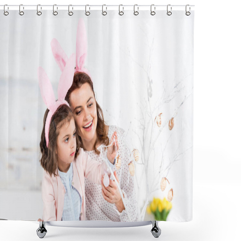 Personality  Blissful Mother And Daughter In Bunny Ears Decorating Easter Tree Shower Curtains