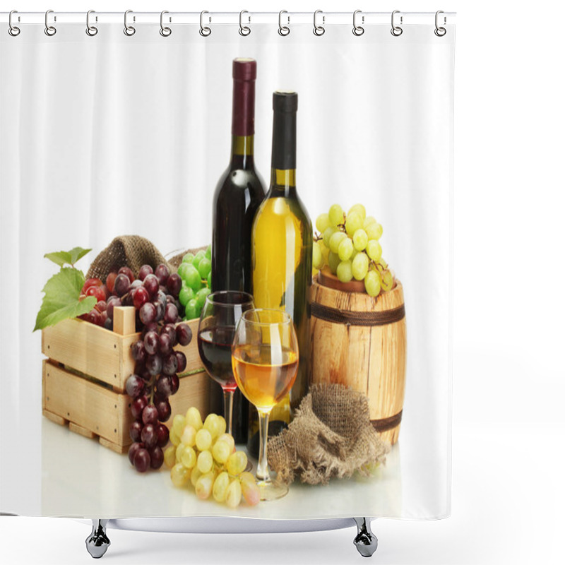 Personality  Barrel, Bottles And Glasses Of Wine And Ripe Grapes Isolated On White Shower Curtains