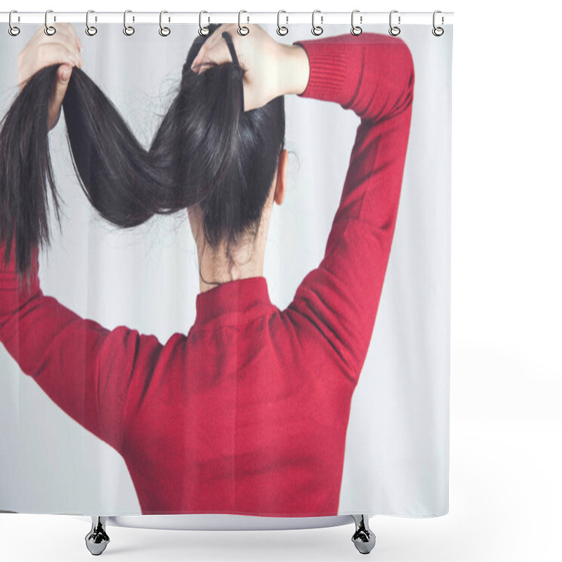 Personality  Woman Hand Hair Tail On Gray Background Shower Curtains