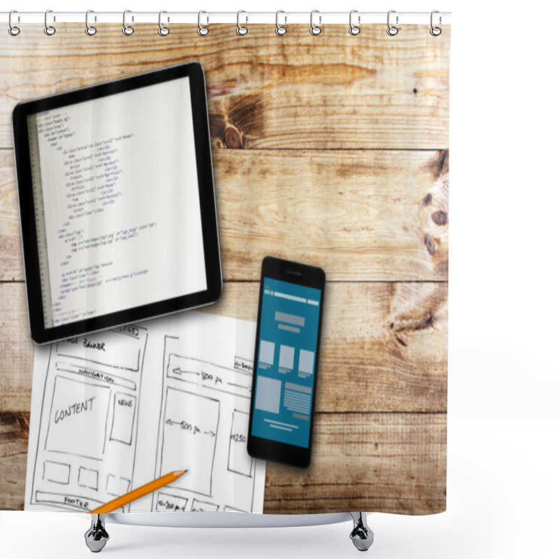 Personality  Website Wireframe Sketch And Programming Code On Digital Tablet Shower Curtains