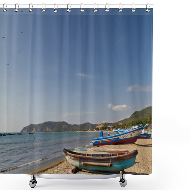 Personality  Beautiful Seashore View Of Fishermen Boats In Manabi, Ecuador Shower Curtains