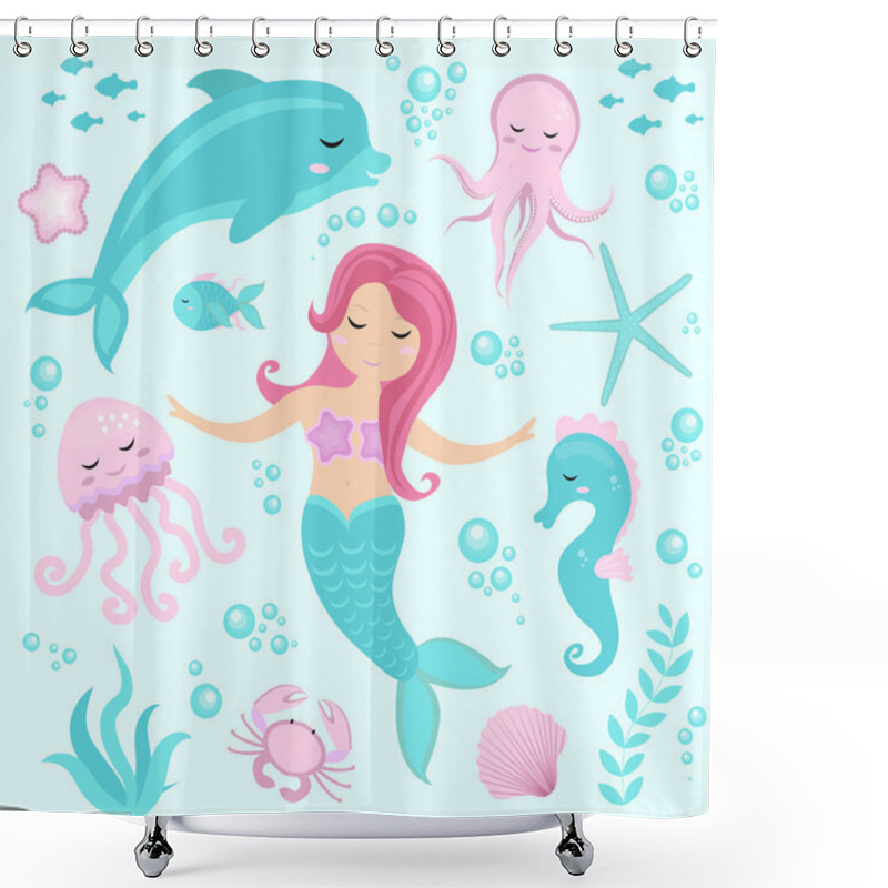 Personality  Cute Set Little Mermaid And Underwater World. Fairytale Princess Mermaid And Dolphin, Octopus, Seahorse, Fish, Jellyfish. Under Water In The Sea Mythical Marine Collection. Shower Curtains