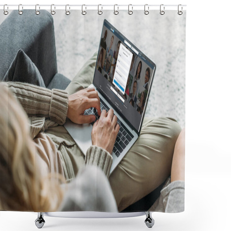 Personality  Cropped Shot Of Couple Using Laptop With Linkedin Website On Screen On Couch At Home Shower Curtains