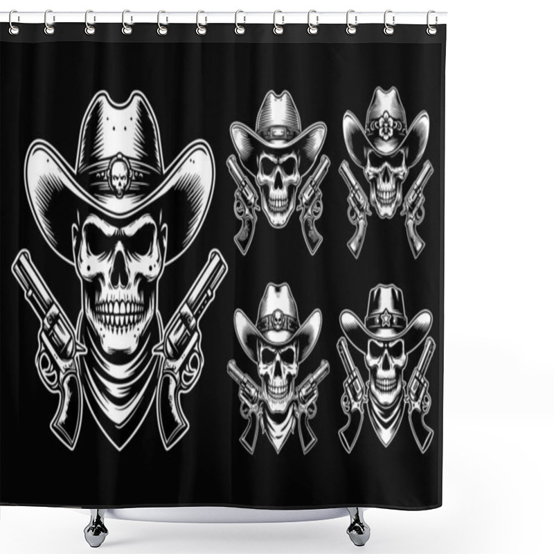 Personality  Dark Art Cowboy Skull Head With Double Gun And Hat Black And White Illustration Shower Curtains