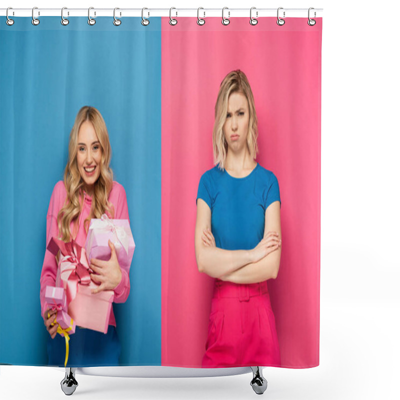 Personality  Smiling Girl Holding Gift Boxes Near Confused Blonde Sister On Blue And Pink Background Shower Curtains