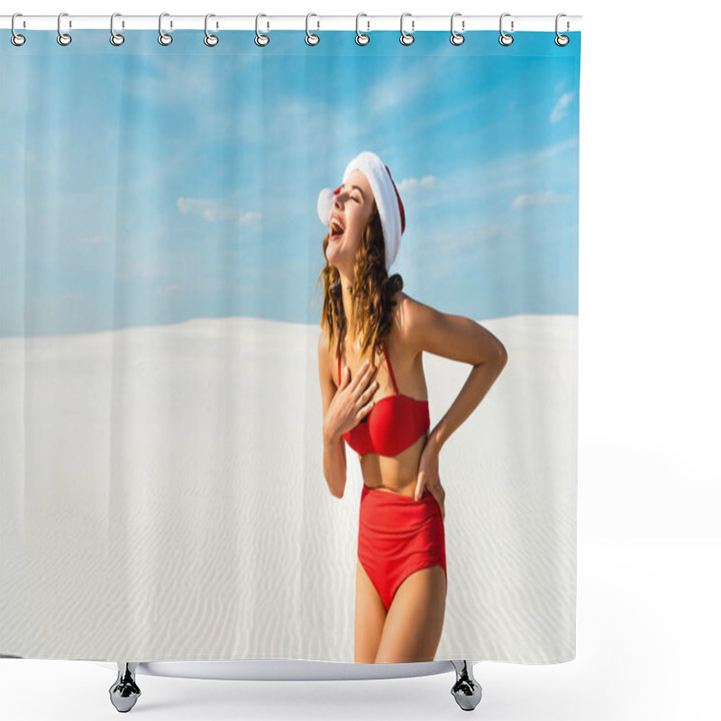 Personality  Sexy And Smiling Woman In Santa Hat And Swimsuit On Beach In Maldives  Shower Curtains