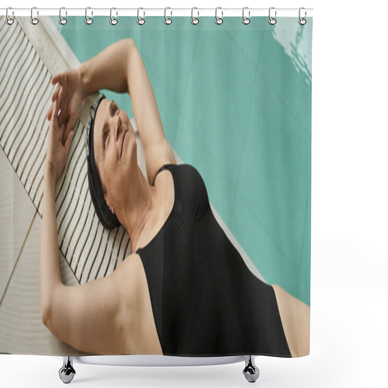 Personality  Happy Middle Aged Woman Lying At Poolside, Top View, Swim Cap And Goggles, Pool, Spa Center, Banner Shower Curtains