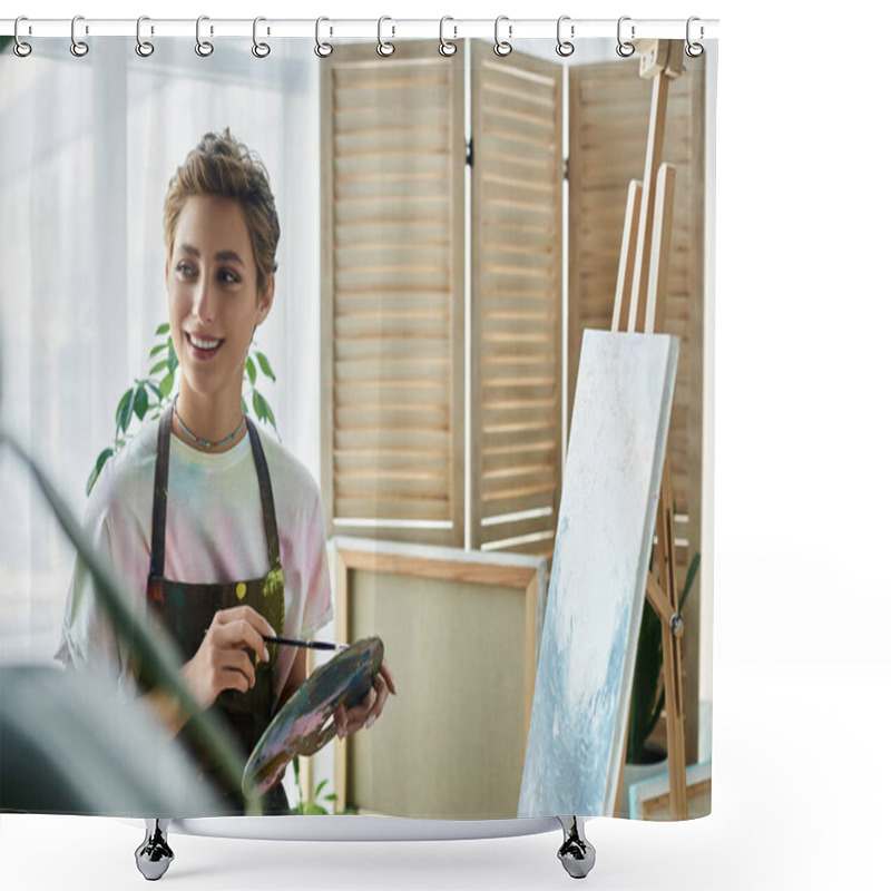 Personality  Inside A Bright Room, A Young Woman With Short Hair Joyfully Paints A Colorful Picture While Smiling. Shower Curtains